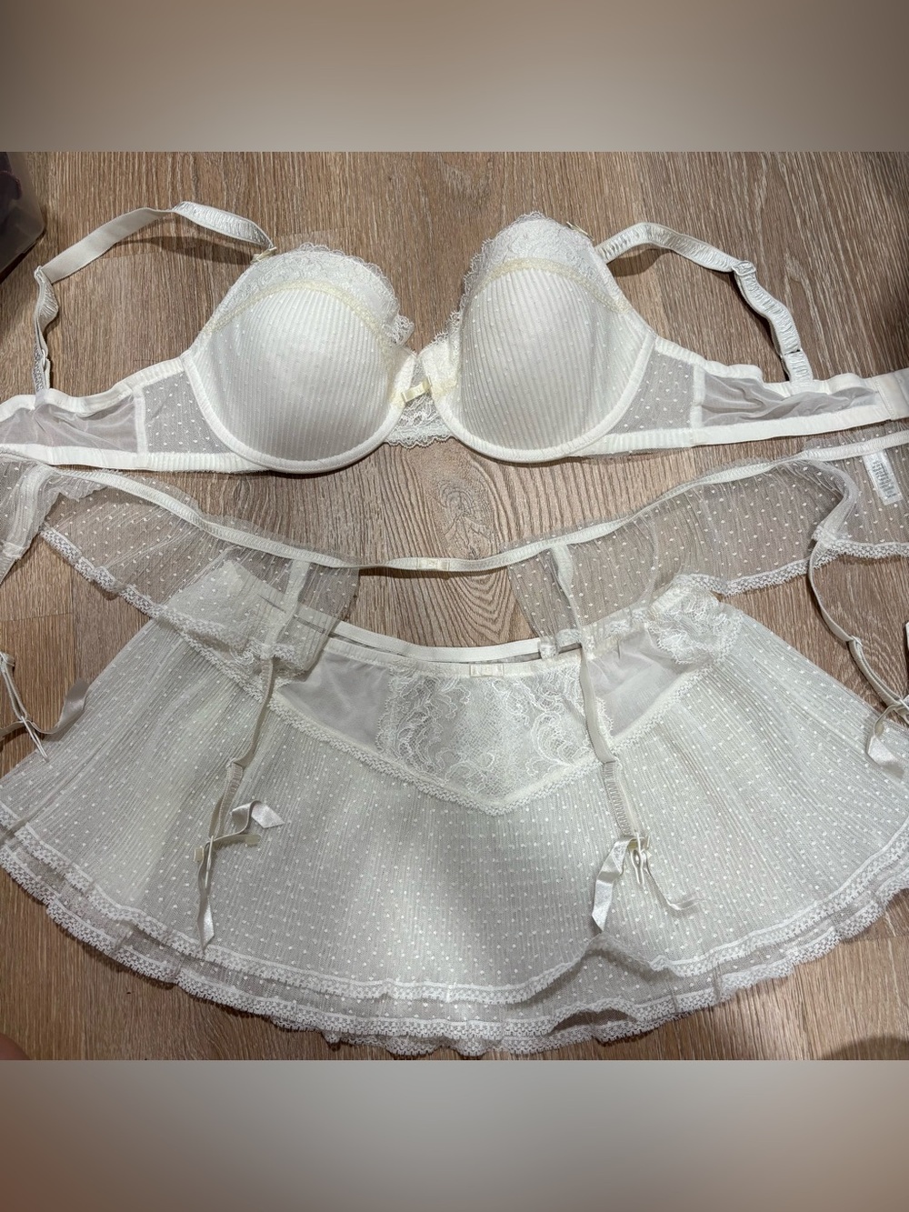 Felina Ivory Lace Underwire Bra with Sheer Garter Skirt